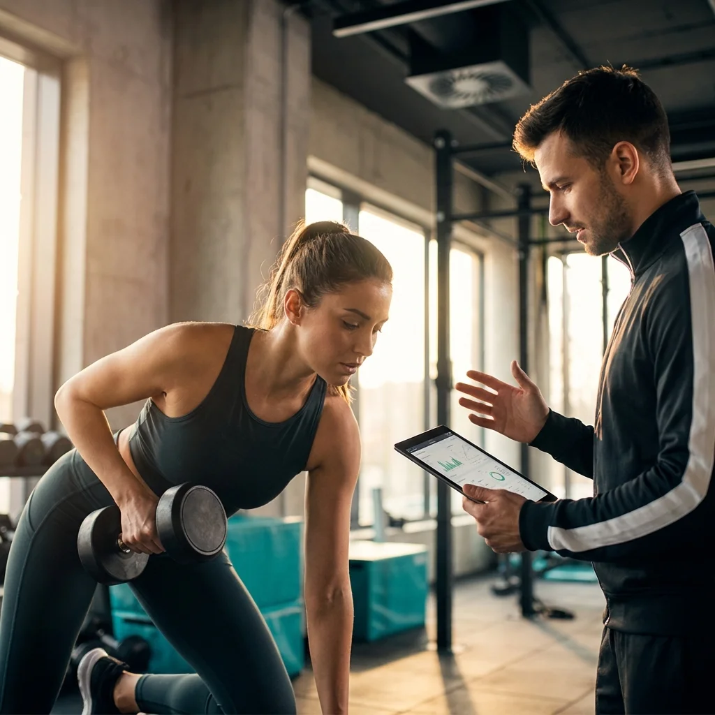 Personal trainer coaching a client with technology